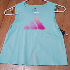Adidas Blue Sleeveless Top with Open Back Gradient Pink Logo Nwt Girls Nwt
